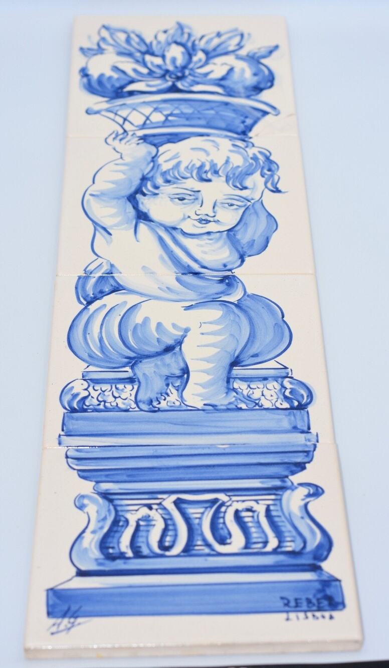 Vintage Hand Painted Portuguese Decor 4-Tile Azulejos "Cherub " Signed Lisboa